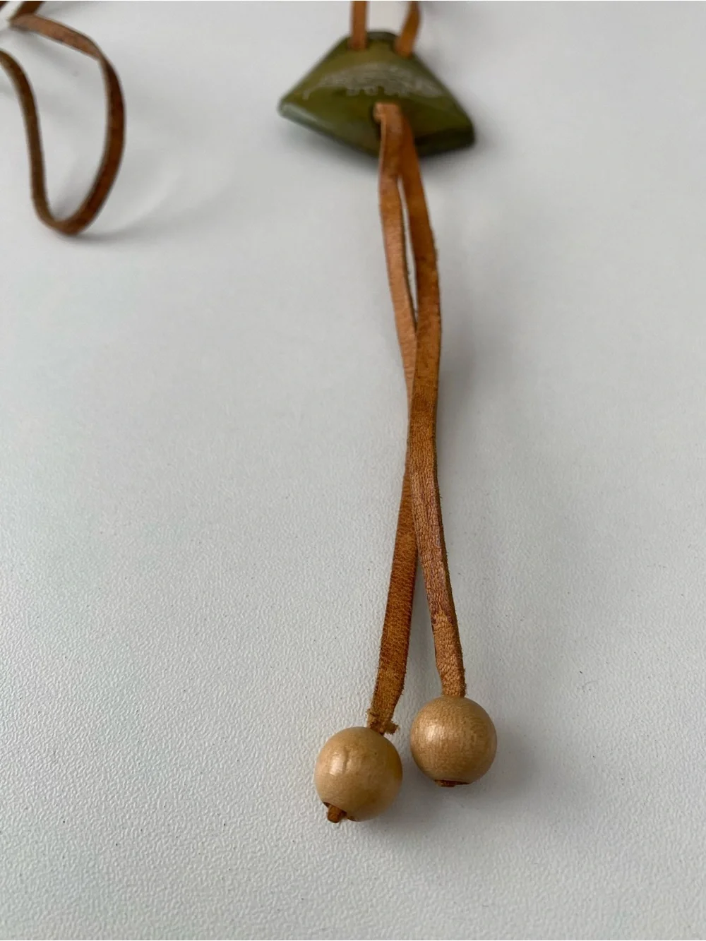 Olive Green Stone Pendant Leather Lariat Necklace Bolo with  Etching - unisex